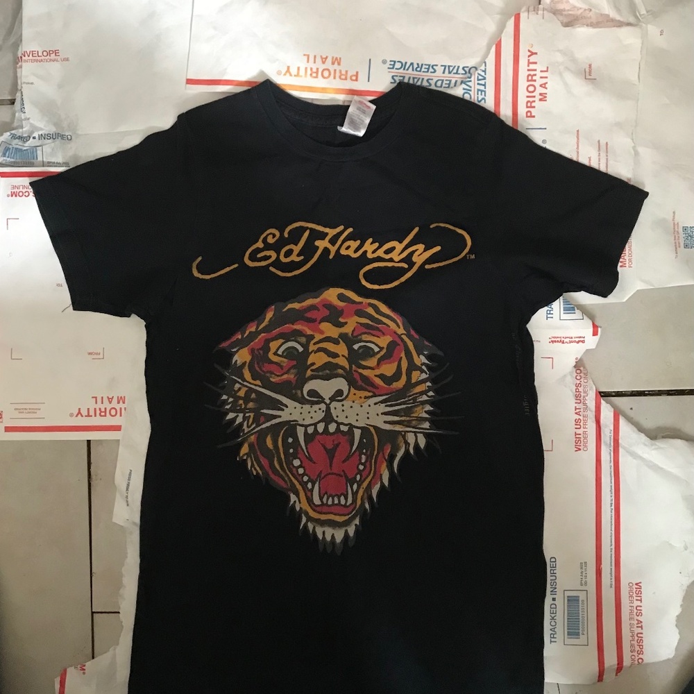 Men’s Vintage Rare Ed Hardy Y2K Black Tiger Graphic‎ Crew Neck T Shirt Sz Small